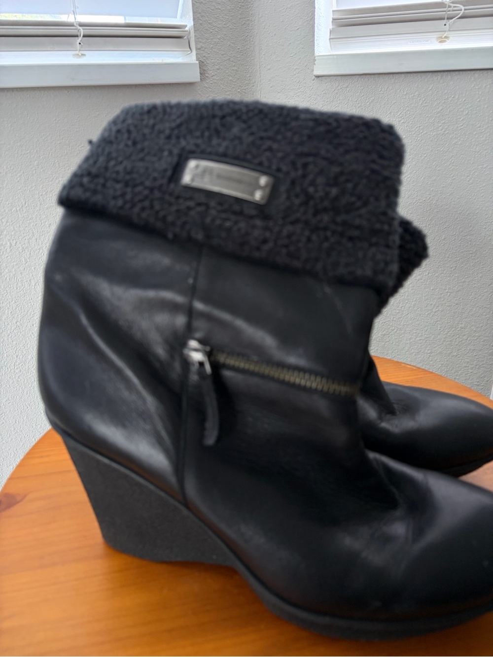 b. makowsky Black Wedge Ankle Boots with Shearling Cuff